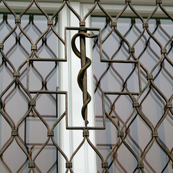 A hand-forged snake on a rod in the middle of a forged window grille A hand-forged snake on a rod in the middle of a forged window grille